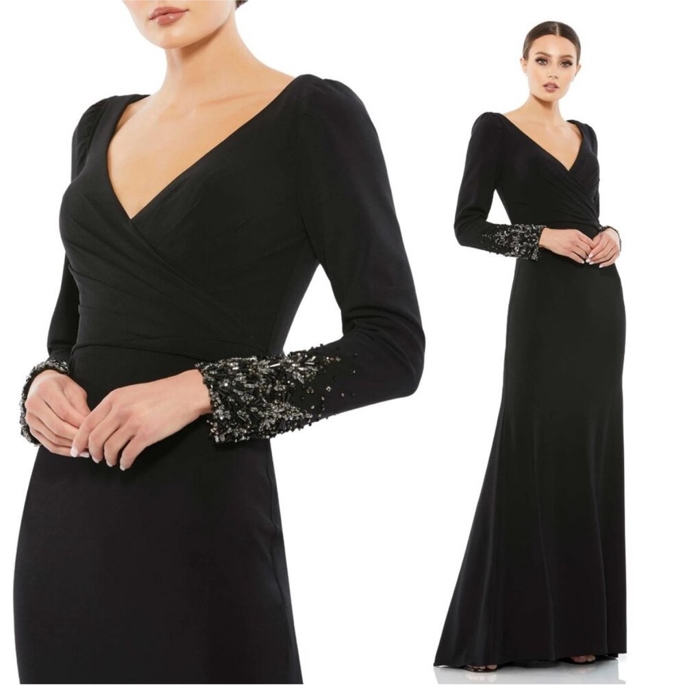 MAC DUGGAL | BEADED CUFF LONG SLEEVE WRAP OVER TRUMPET GOWN SIZE 18
55712